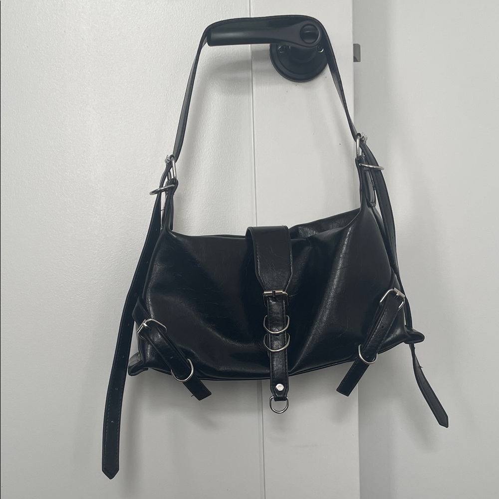 Black Balenciaga Inspired Shoulder Bag - straps and hardware detail